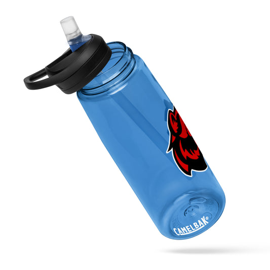 Blue sports water bottle with a black spill-proof lid and logo, made from durable and recycled materials.