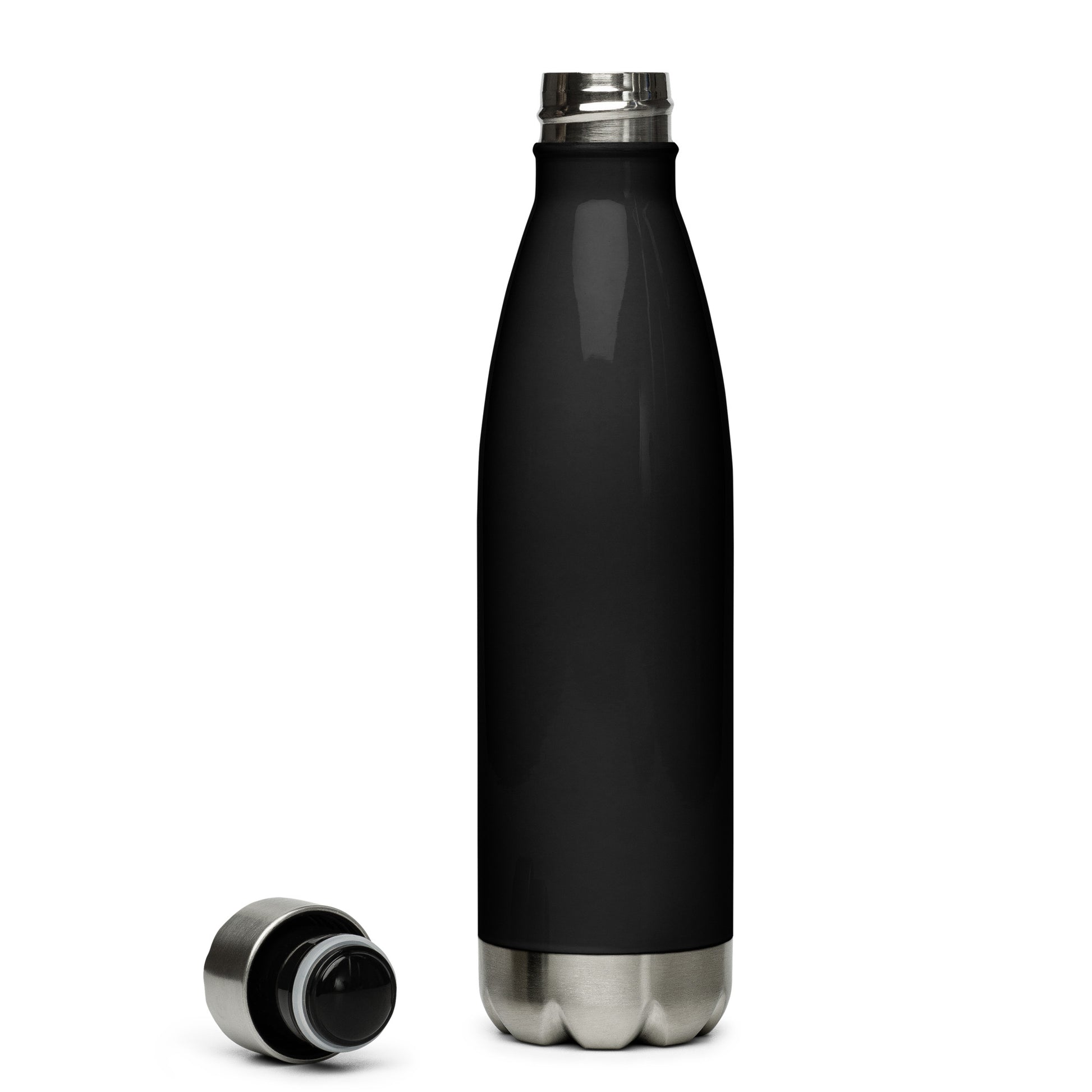 JRA stainless steel water bottle in black, 17 oz, double-walled, odor-proof cap for hot and cold drinks.